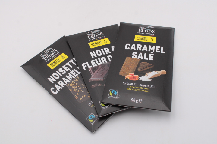 Trio de tablette de chocolat Belvas :  lait noisettes /  noir 72% / lait éclat caramel